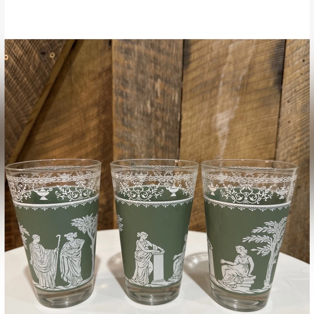 Vintage Wedgwood Green White Jeanette Jasperware Glasses Greek Goddess Set Of 3